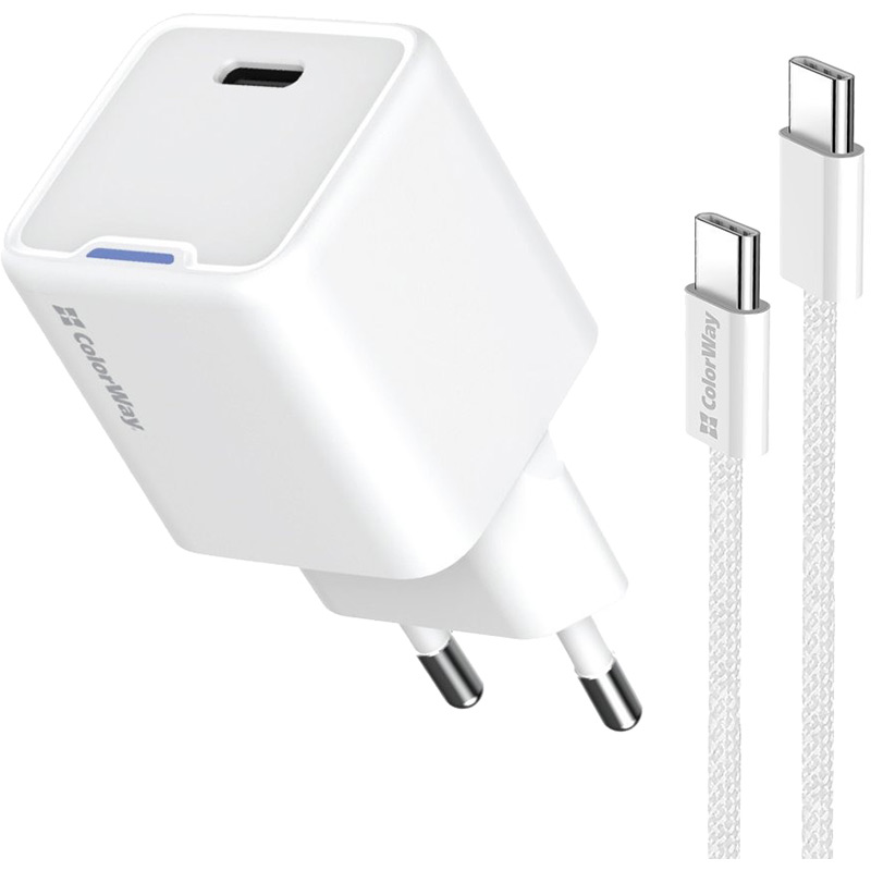 Зарядний пристрій COLORWAY GaN Mini 25W USB-C + кабель Type-C White (CW-CHS052PDC-W)
