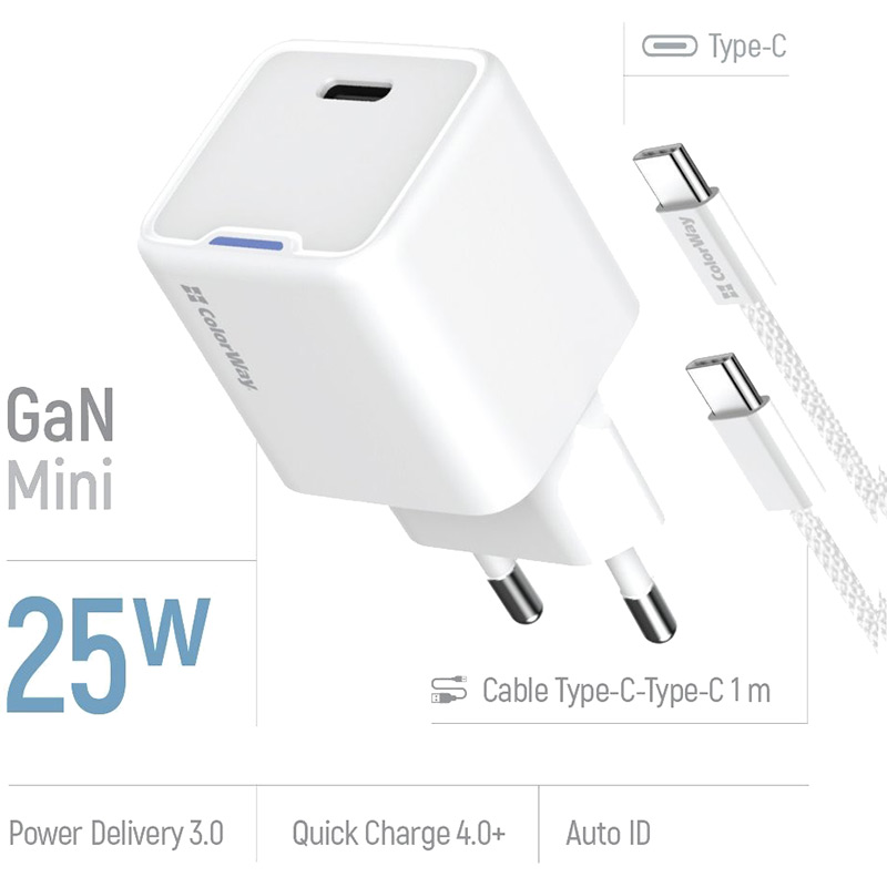 Фото Зарядний пристрій COLORWAY GaN Mini 25W USB-C + кабель Type-C White (CW-CHS052PDC-W)
