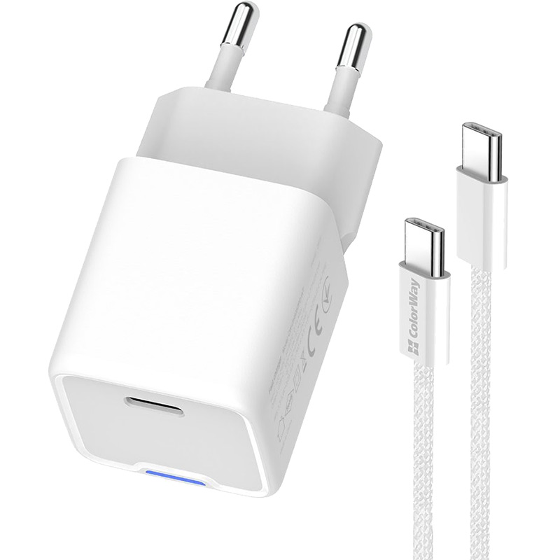 Зарядний пристрій COLORWAY GaN Mini 25W USB-C + кабель Type-C White (CW-CHS052PDC-W) Кабель знімний