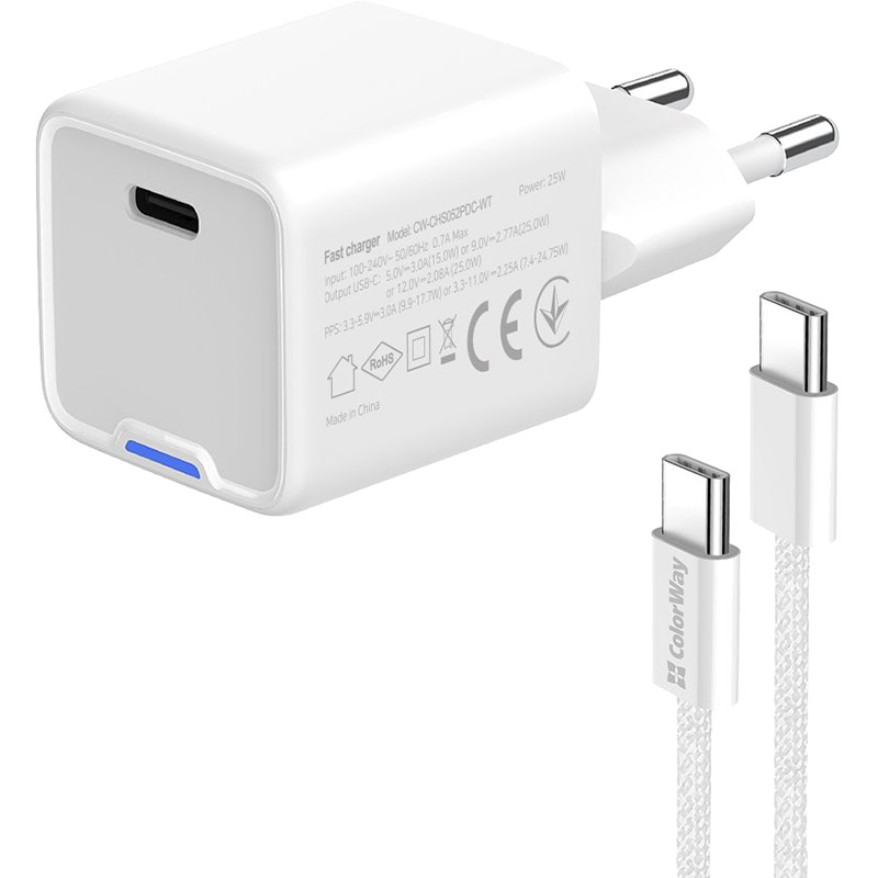 Зарядний пристрій COLORWAY GaN Mini 25W USB-C + кабель Type-C White (CW-CHS052PDC-W) Тип мережевий зарядний пристрій