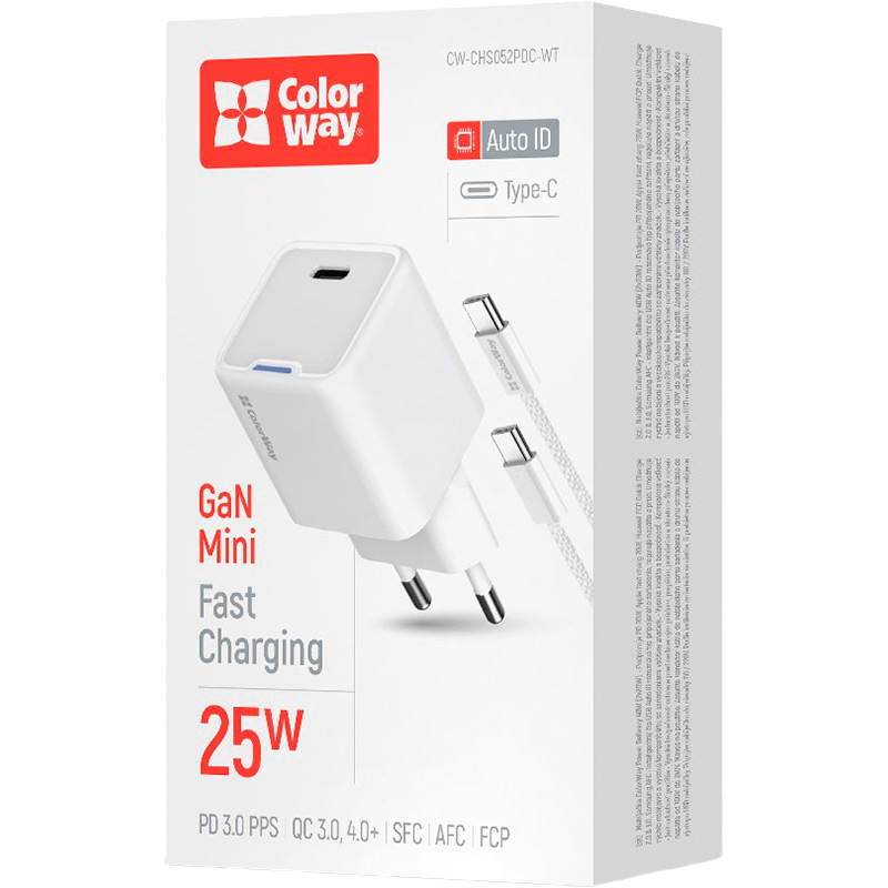 Зовнішній вигляд Зарядний пристрій COLORWAY GaN Mini 25W USB-C + кабель Type-C White (CW-CHS052PDC-W)