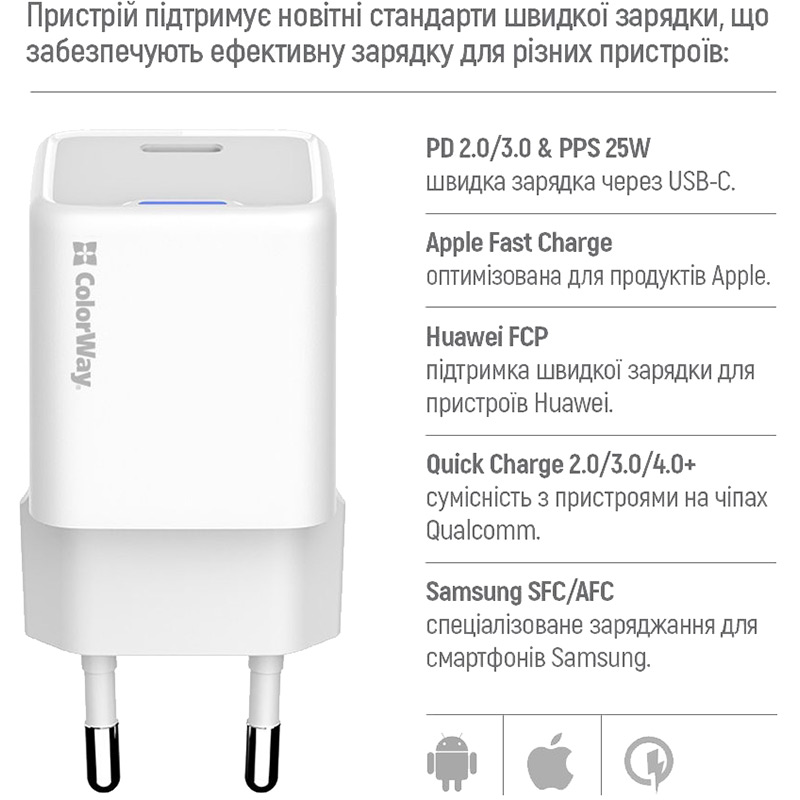 В Україні Зарядний пристрій COLORWAY GaN Mini 25W USB-C + кабель Type-C White (CW-CHS052PDC-W)