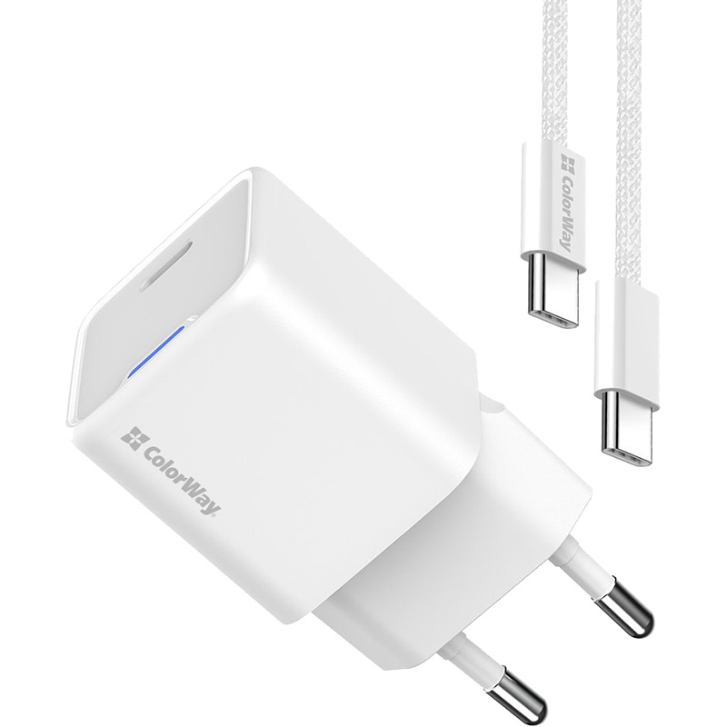 Зарядний пристрій COLORWAY GaN Mini 25W USB-C + кабель Type-C White (CW-CHS052PDC-W) Тип кабелю USB Type-C х USB Type-C