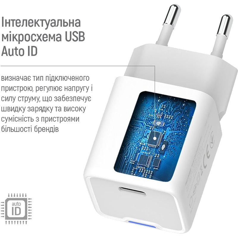 Зображення Зарядний пристрій COLORWAY GaN Mini 25W USB-C + кабель Type-C White (CW-CHS052PDC-W)
