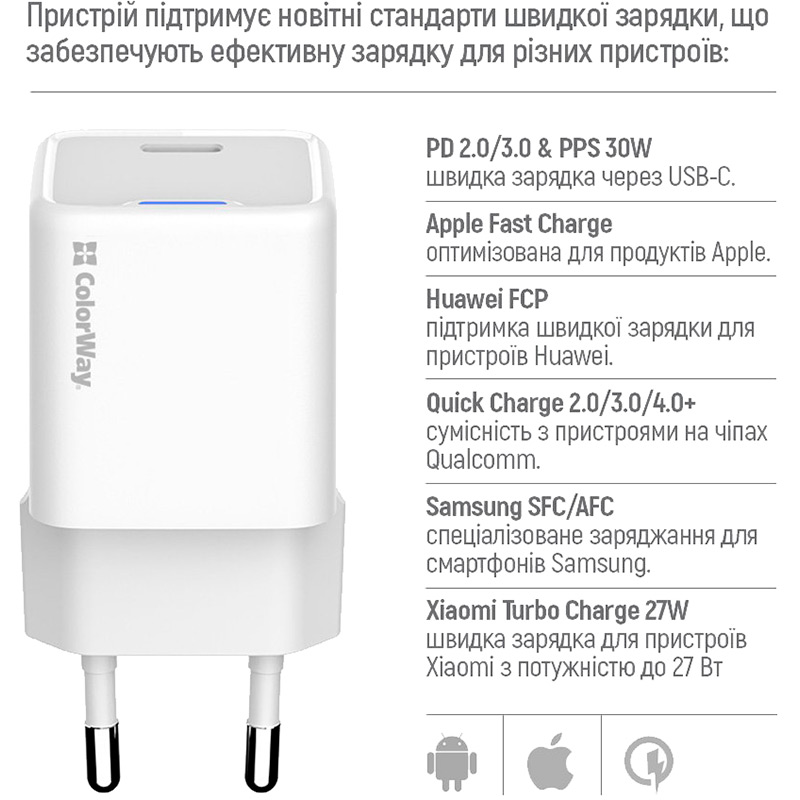 Покупка Сетевое зарядное устройство COLORWAY GaN Mini 30W + кабель Type-C White (CW-CHS054PDC-WT)