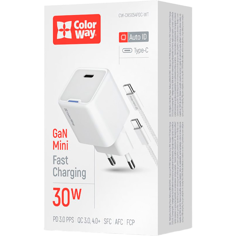 Внешний вид Сетевое зарядное устройство COLORWAY GaN Mini 30W + кабель Type-C White (CW-CHS054PDC-WT)