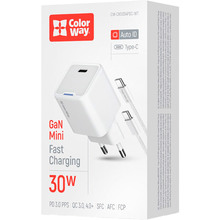 Сетевое зарядное устройство COLORWAY GaN Mini 30W + кабель Type-C White (CW-CHS054PDC-WT)