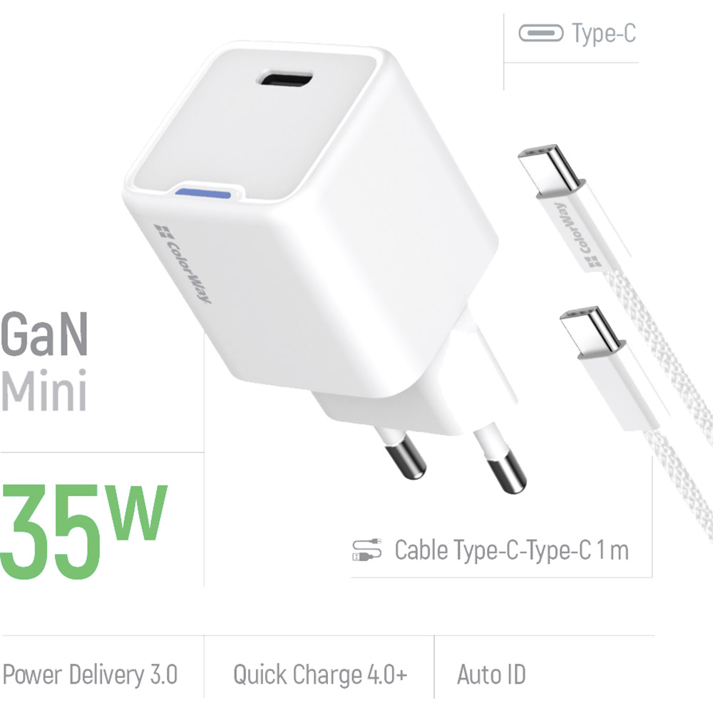 Фото Зарядний пристрій COLORWAY GaN Mini 35W USB-C + кабель Type-C White (CW-CHS056PDC-WT)