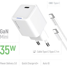 Зарядний пристрій COLORWAY GaN Mini 35W USB-C + кабель Type-C White (CW-CHS056PDC-WT)
