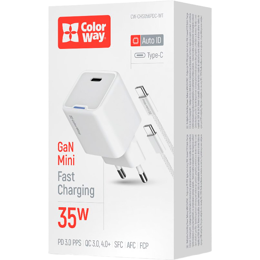 Зовнішній вигляд Зарядний пристрій COLORWAY GaN Mini 35W USB-C + кабель Type-C White (CW-CHS056PDC-WT)
