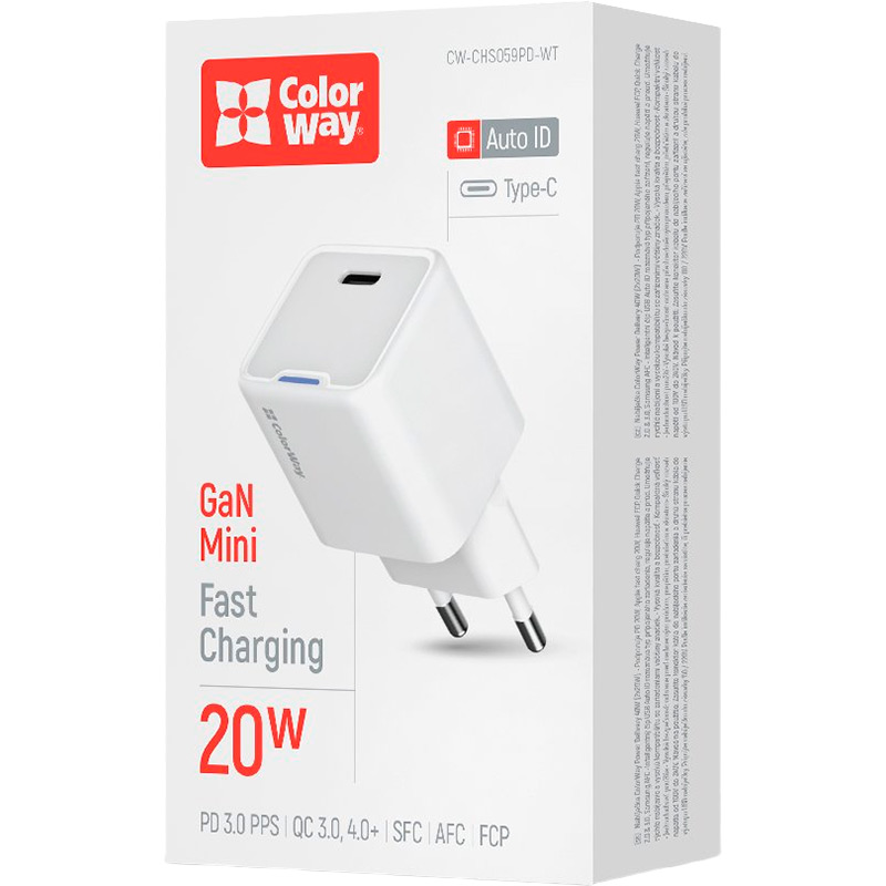 Внешний вид Сетевое зарядное устройство COLORWAY GaN Mini 20W USB-C White (CW-CHS059PD-WT)