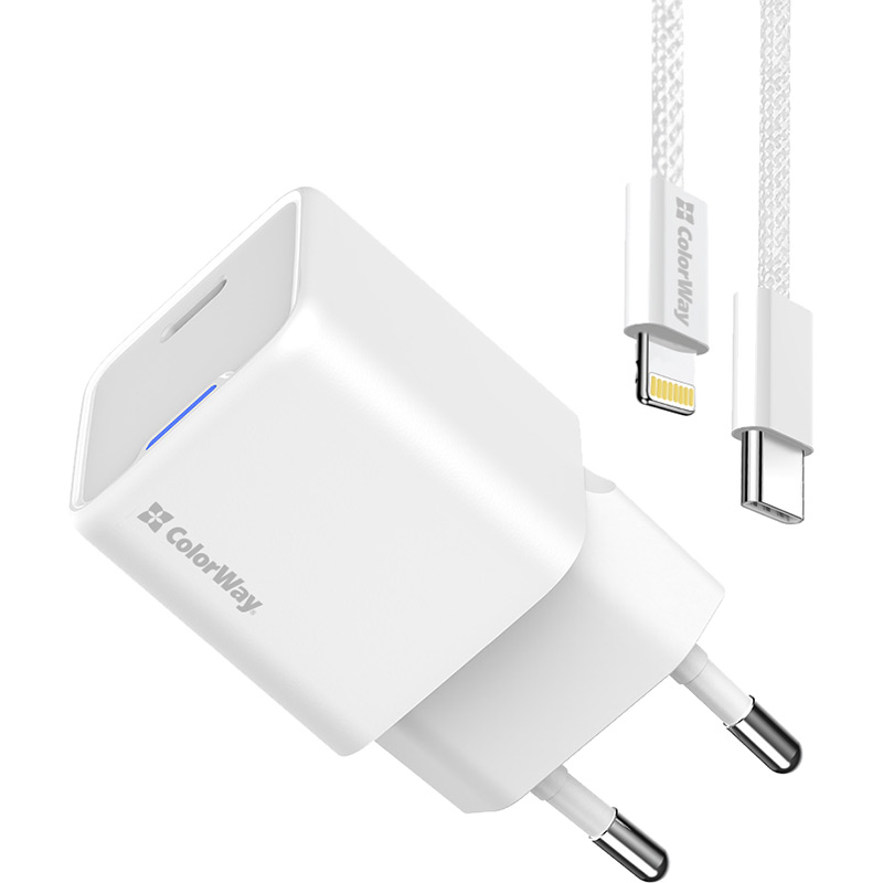 Зарядний пристрій COLORWAY GaN Mini 20W USB-C + кабель Lightning (CW-CHS059PDL-WT) Потужність 20