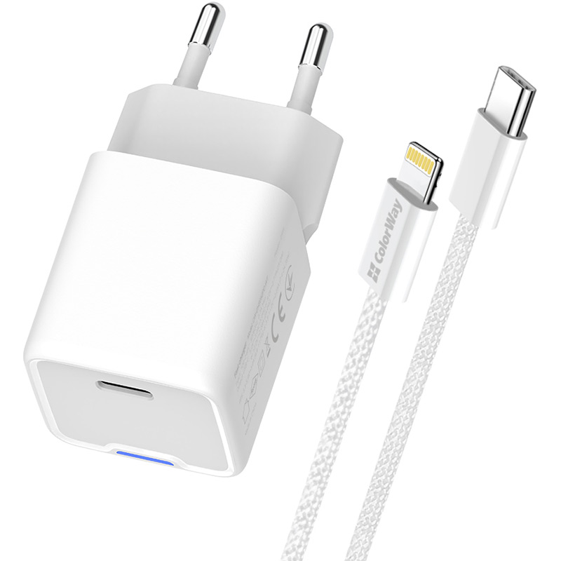 Зарядний пристрій COLORWAY GaN Mini 20W USB-C + кабель Lightning (CW-CHS059PDL-WT) Кабель знімний