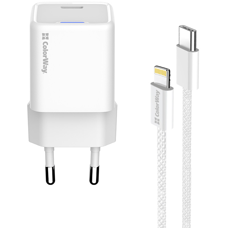Зарядний пристрій COLORWAY GaN Mini 20W USB-C + кабель Lightning (CW-CHS059PDL-WT) Тип мережевий зарядний пристрій