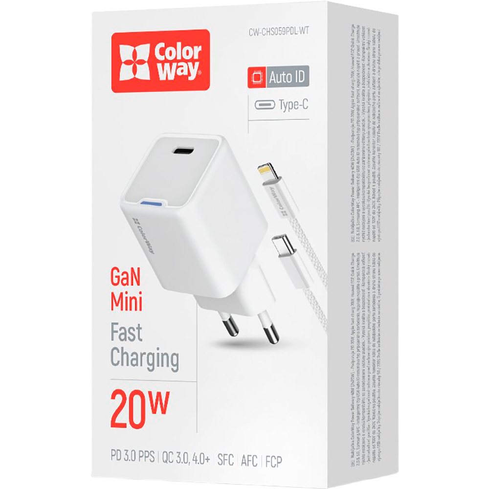 Зовнішній вигляд Зарядний пристрій COLORWAY GaN Mini 20W USB-C + кабель Lightning (CW-CHS059PDL-WT)