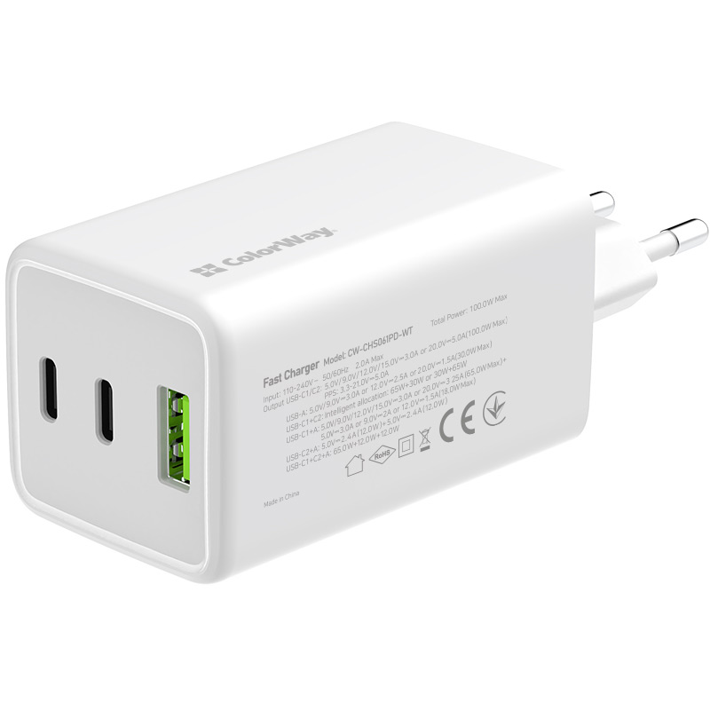 Зарядний пристрій COLORWAY GaN Mini 100W USB-A USB-C White (CW-CHS061PD-WT) Кабель відсутній