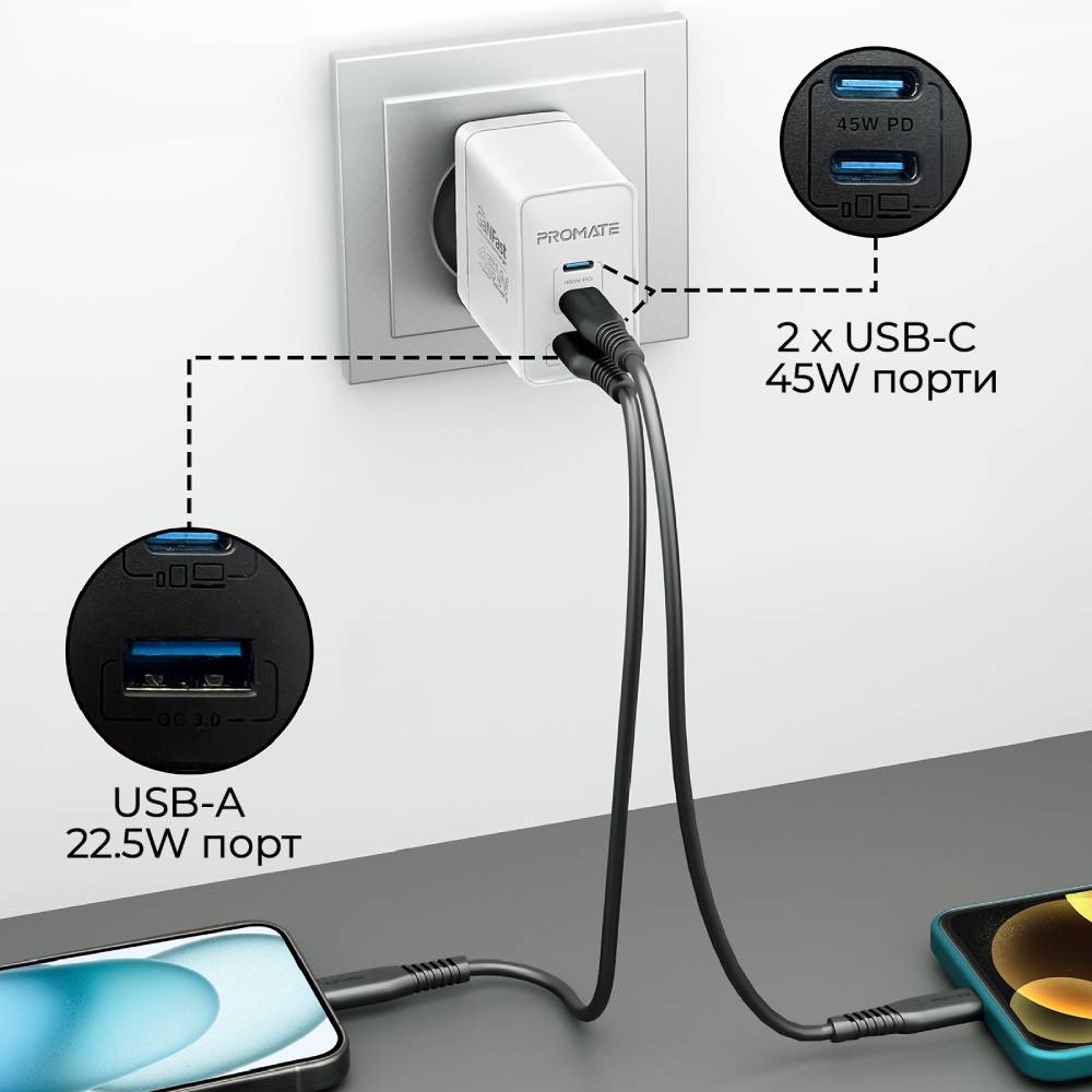 Зарядний пристрій PROMATE PowerPort-45 Вт White (powerport-45.white) Вихідний роз'єм USB Type-C