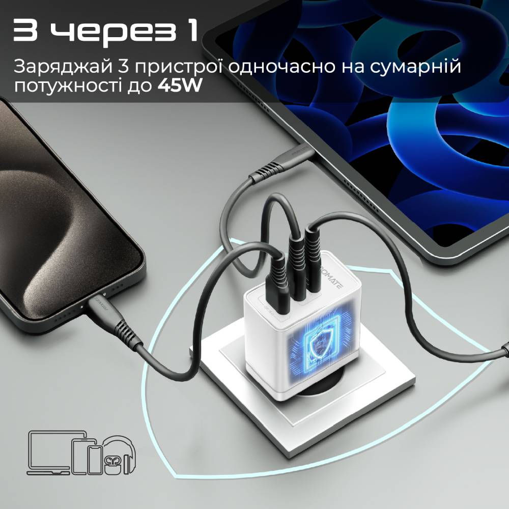 Зарядний пристрій PROMATE PowerPort-45 Вт White (powerport-45.white) Тип мережевий зарядний пристрій