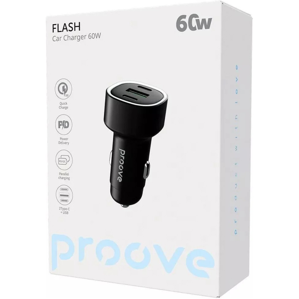 Автомобильное зарядное устройство PROOVE Flash Black (60077black) Мощность 60