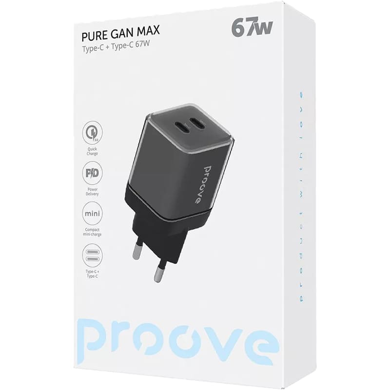 Зарядний пристрій PROOVE Pure GaN Max 67W (USB-C+USB-C) Black (WCPU67022201) Потужність 67