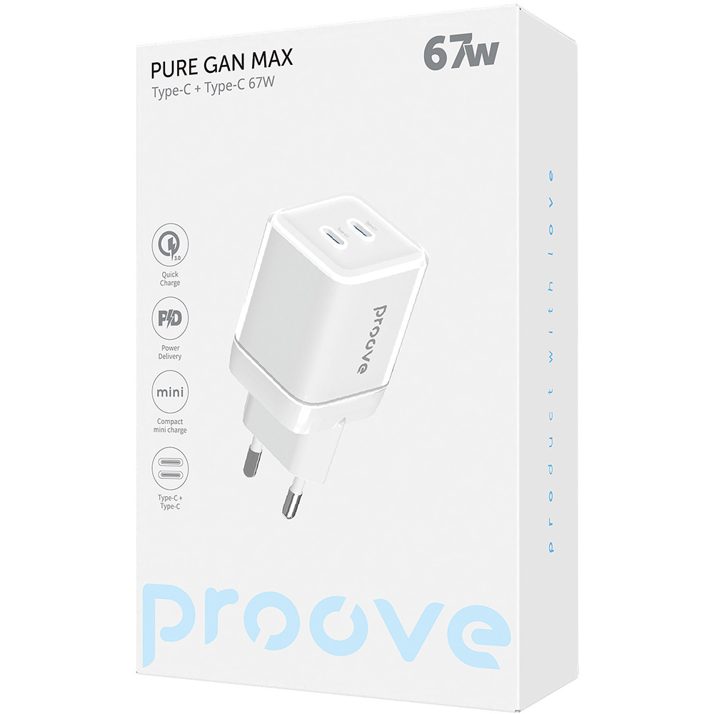 Покупка Зарядний пристрій PROOVE Pure GaN Max 67W (USB-C+USB-C) White (WCPU67022202)