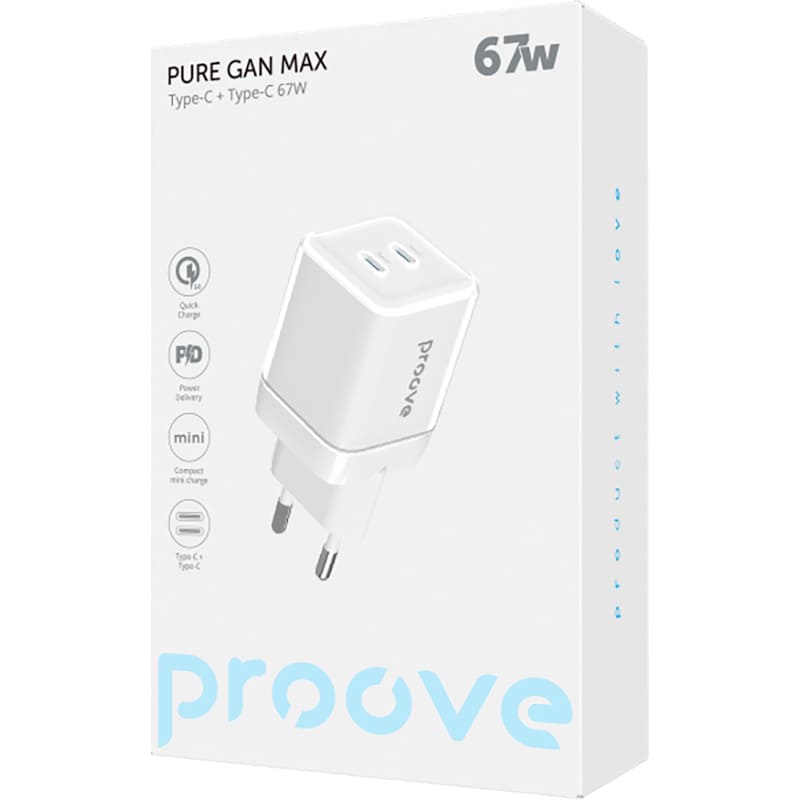 Зарядний пристрій PROOVE Pure GaN Max 67W (USB-C+USB-C) White (WCPU67022202) Потужність 67