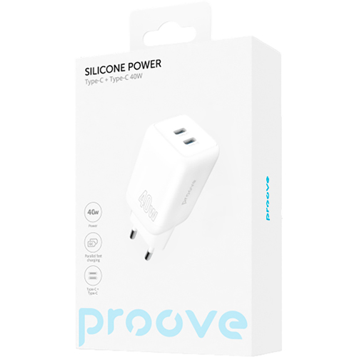 Внешний вид Сетевое зарядное устройство PROOVE Silicone Power 40W (USB-C+USB-C) White (WCSP4020002)