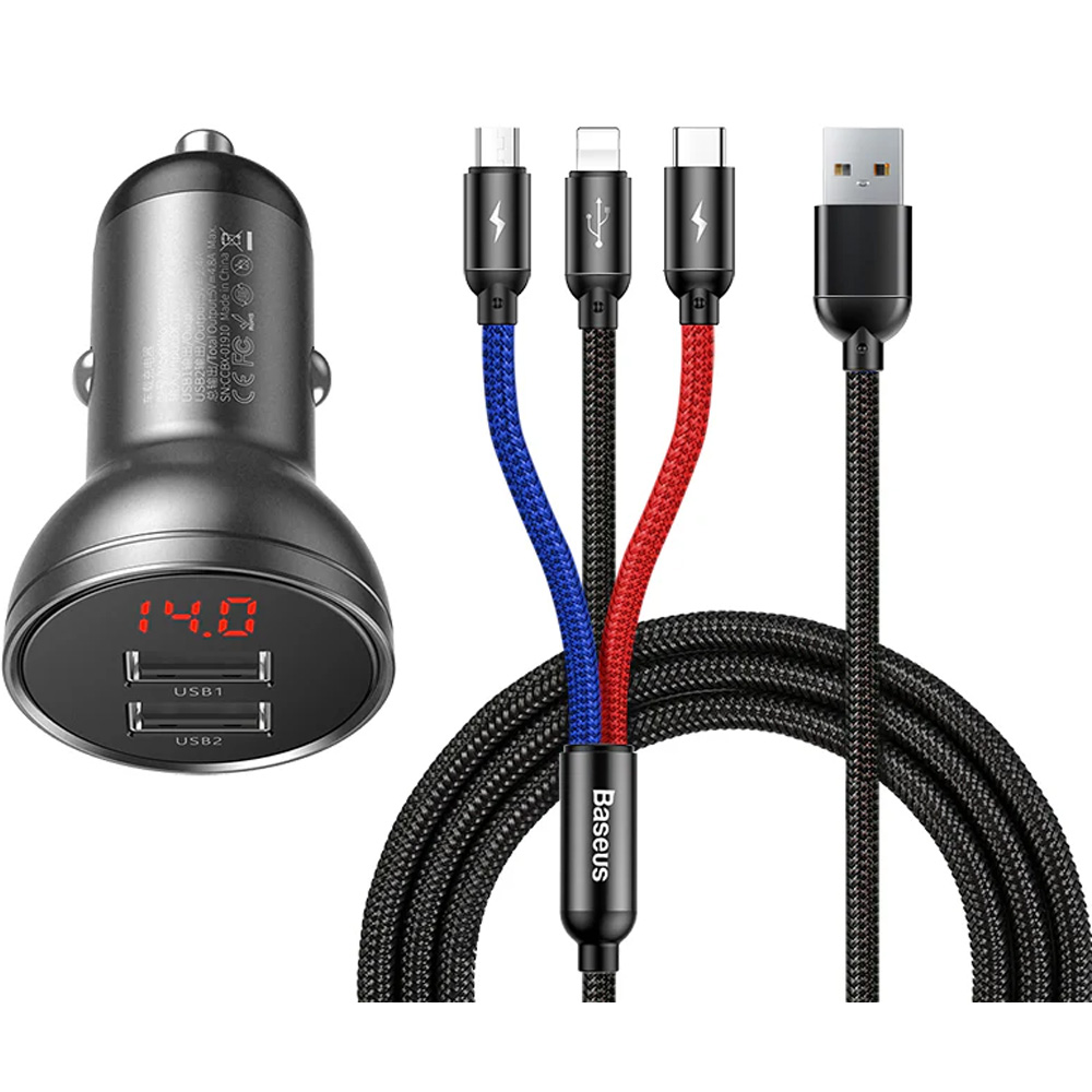 Зарядний пристрій BASEUS Digital Display Dual USB 4.8A 24W Cable USB 1.2M Black Suit Grey (TZCCBX-0G) Зарядний пристрій BASEUS Digital Display Dual USB 4.8A 24W Cable USB 1.2M Black Suit Grey (TZCCBX-0G)