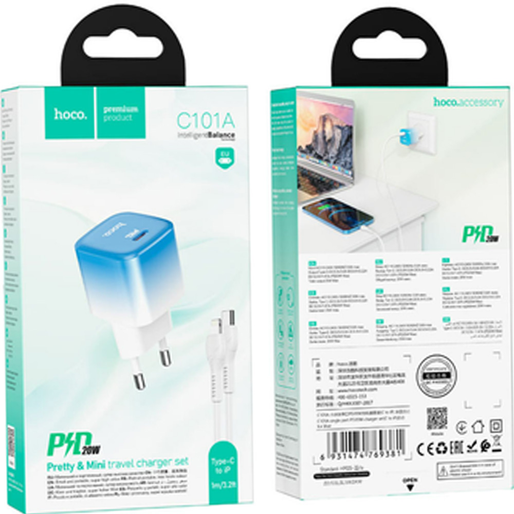 Зарядний пристрій HOCO C101A PD20W Ice Blue (6931474769381) Тип кабелю USB Type-C х Lightning