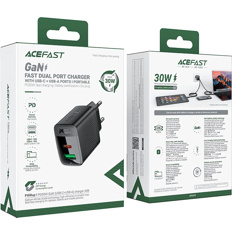 Мережевий зарядний пристрій ACEFAST A98 Black (6974316283263) Вихідний роз'єм USB
