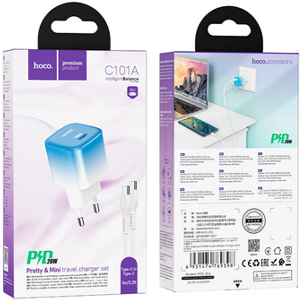 Внешний вид Сетевое зарядное устройство HOCO C101A PD20W Ice Blue (6931474769398)