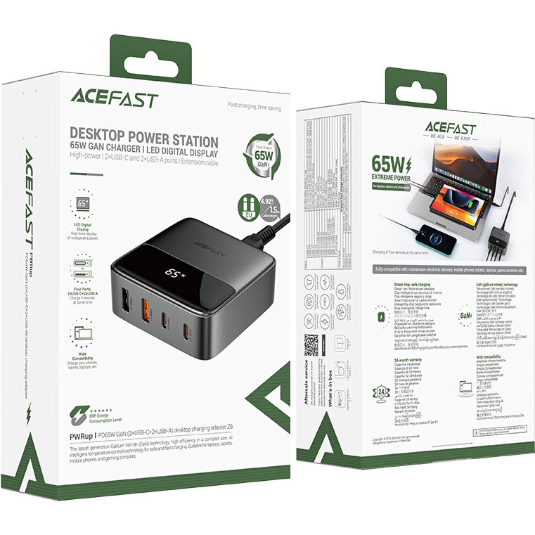 Сетевое зарядное устройство ACEFAST Z6 + кабель AC 1.5м Black (6974316283324) Кабель съемный