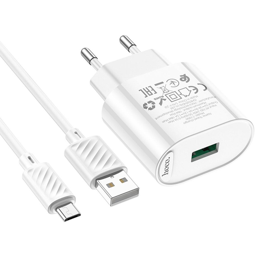 Зарядний пристрій HOCO C109A QC3.0 18W + кабель Micro-USB White Кабель знімний