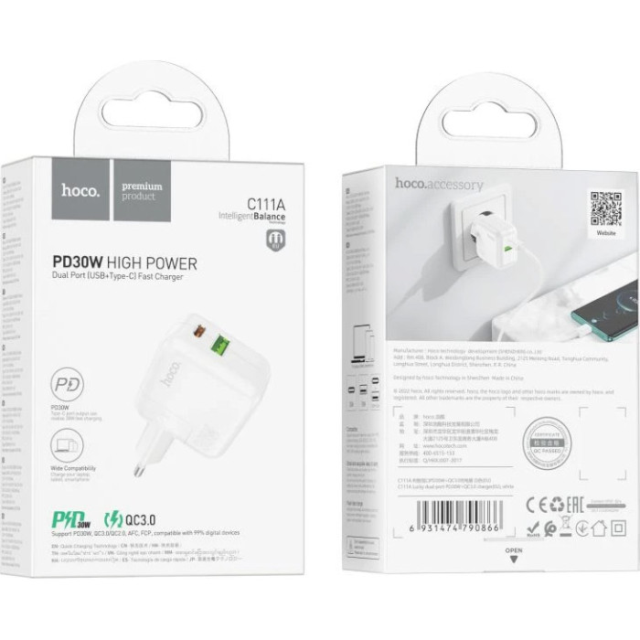 Сетевое зарядное устройство HOCO C111A PD30W+QC3.0 White Кабель отсутствует
