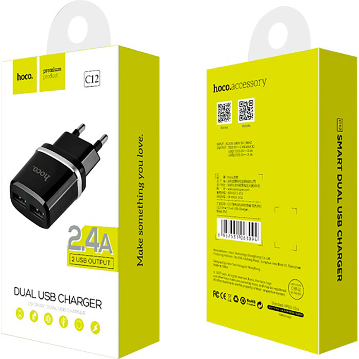 Сетевое зарядное устройство HOCO C12 Smart 2xUSB-A Black Кабель отсутствует