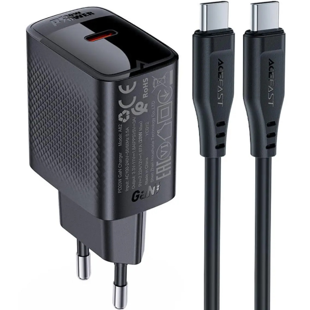 Зарядний пристрій ACEFAST A82 + кабель USB Type-C - Type-C Black (6974316280057) Потужність 20