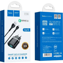 Сетевое зарядное устройство HOCO C12Q Smart QC3.0 18W + кабель Micro-USB Black
