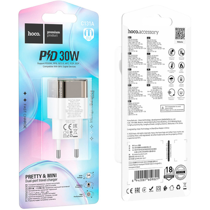 Зарядний пристрій HOCO C131A PD30W+QC3.0 Transparent/Black Кабель відсутній