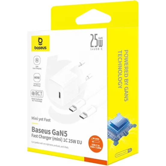 Мережевий зарядний пристрій BASEUS GaN5 Mini 25W + кабель USB Type-C - Type-C 1м Moon White (P10110909213-01) Тип кабелю USB Type-C х USB Type-C