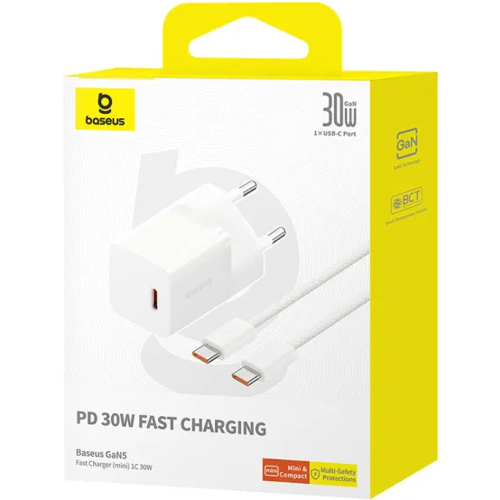 Замовити Зарядний пристрій BASEUS GaN5 Mini 30W + кабель USB Type-C - Type-C 1м Moon White (P10110902213-00)