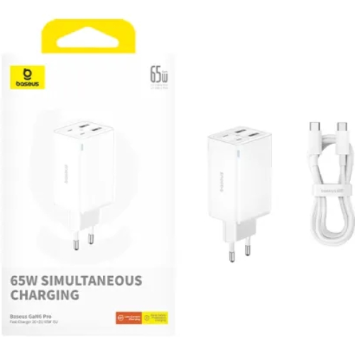 Фото Зарядний пристрій BASEUS GaN6 Pro 65W Moon White + кабель USB Type-C - Type-C 1м White (P10162701213-00)