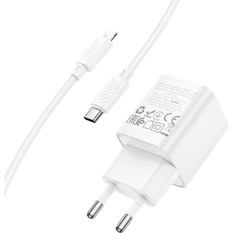 Сетевое зарядное устройство HOCO C146A Charger set PD20W (EU) White (6942007630252) Тип кабеля USB Type-C х Lightning