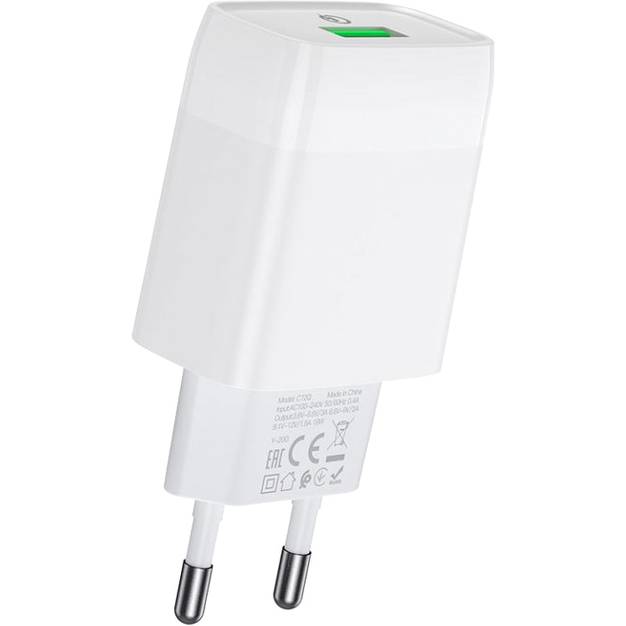 Мережевий зарядний пристрій HOCO C72Q Glorious single port QC3.0 charger 18W White (6931474732514) Потужність 18