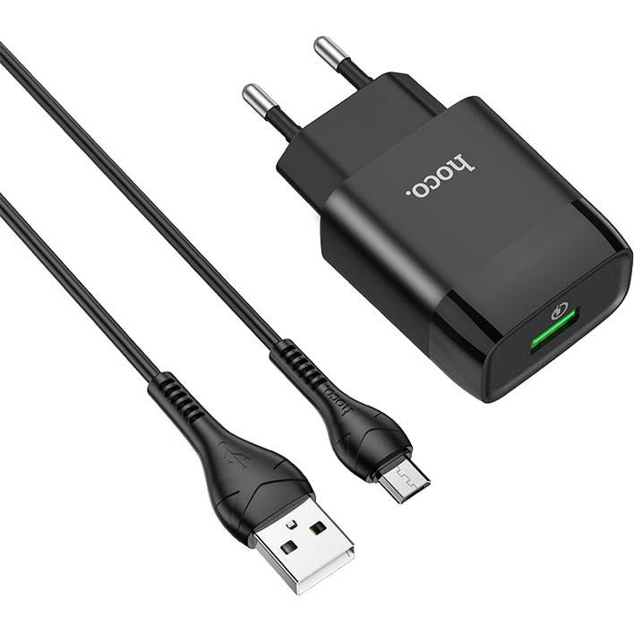 Мережевий зарядний пристрій HOCO C72Q Glorious single port QC3.0 charger set Micro 18W Black (6931474732521) Потужність 18