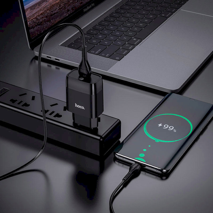 Сетевое зарядное устройство HOCO C72Q Glorious single port QC3.0 charger set Type-C 18W Black (6931474732545) Тип кабеля USB х USB Type-С