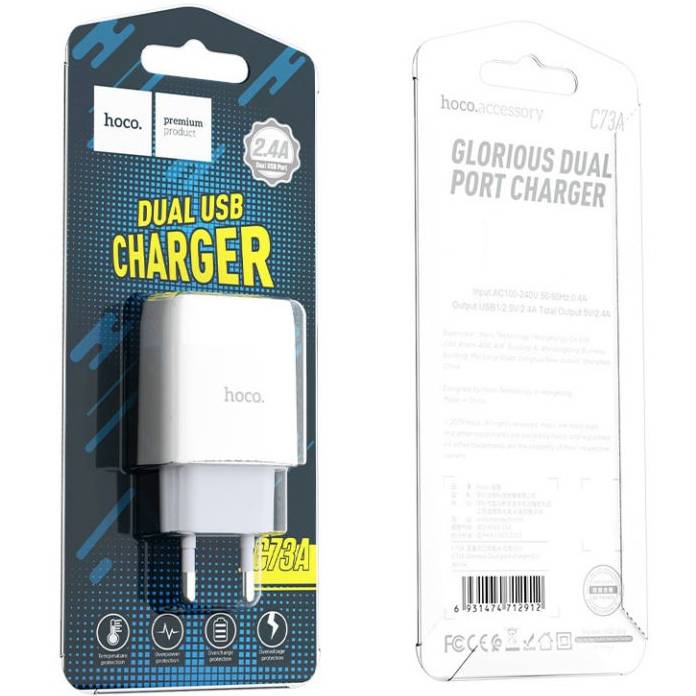 Зарядний пристрій HOCO C73A Glorious dual port charger 12W White (6931474712912) Кабель відсутній