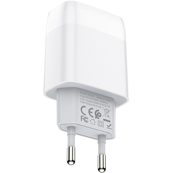 Зарядний пристрій HOCO C73A Glorious dual port charger 12W White (6931474712912) Потужність 12