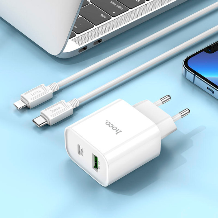 Зарядний пристрій HOCO C80A Plus Rapido PD20W+QC3.0 Charger Set C to iP White (6931474779892) Тип кабелю USB Type-C х Lightning