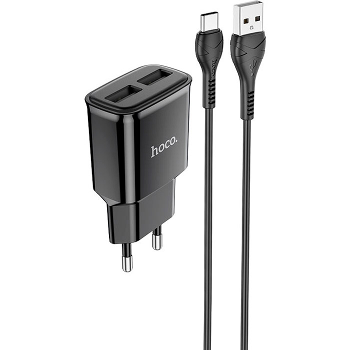 Мережевий зарядний пристрій HOCO C88A Star round dual port charger set Type-C 12W Black (6931474749543)