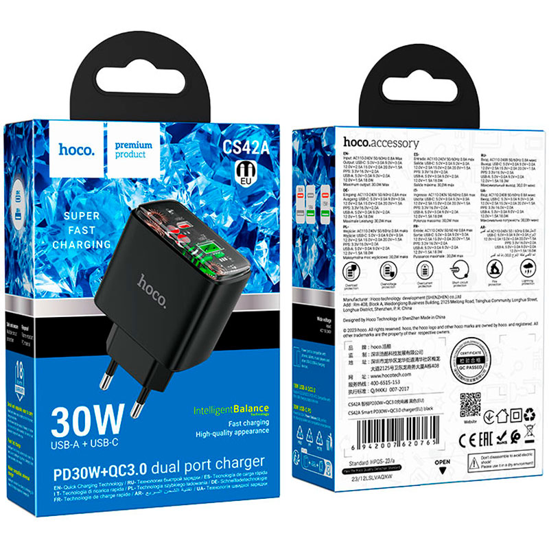 Зарядний пристрій HOCO CS42A Smart PD30W+QC3.0 (EU) Black (6942007620765) Кабель відсутній